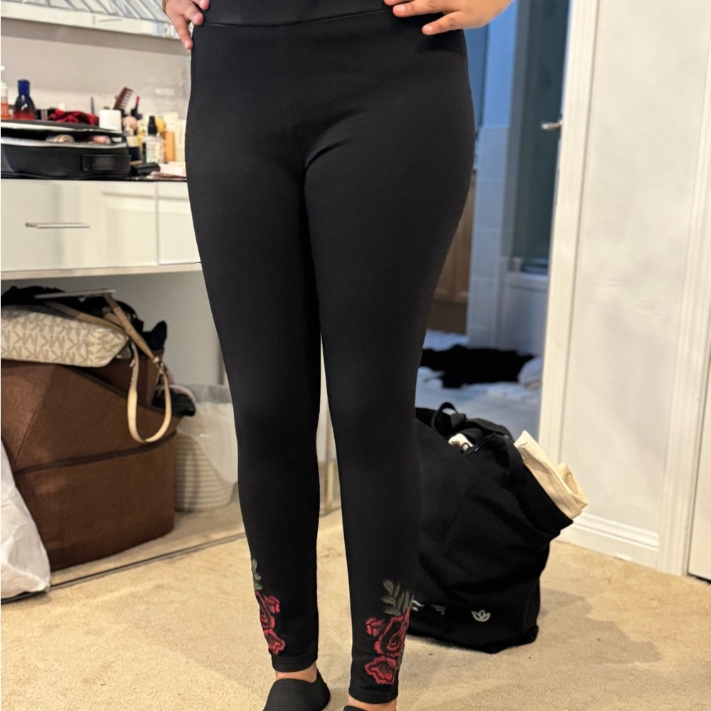 Black Leggings with Red Rose Embroidery